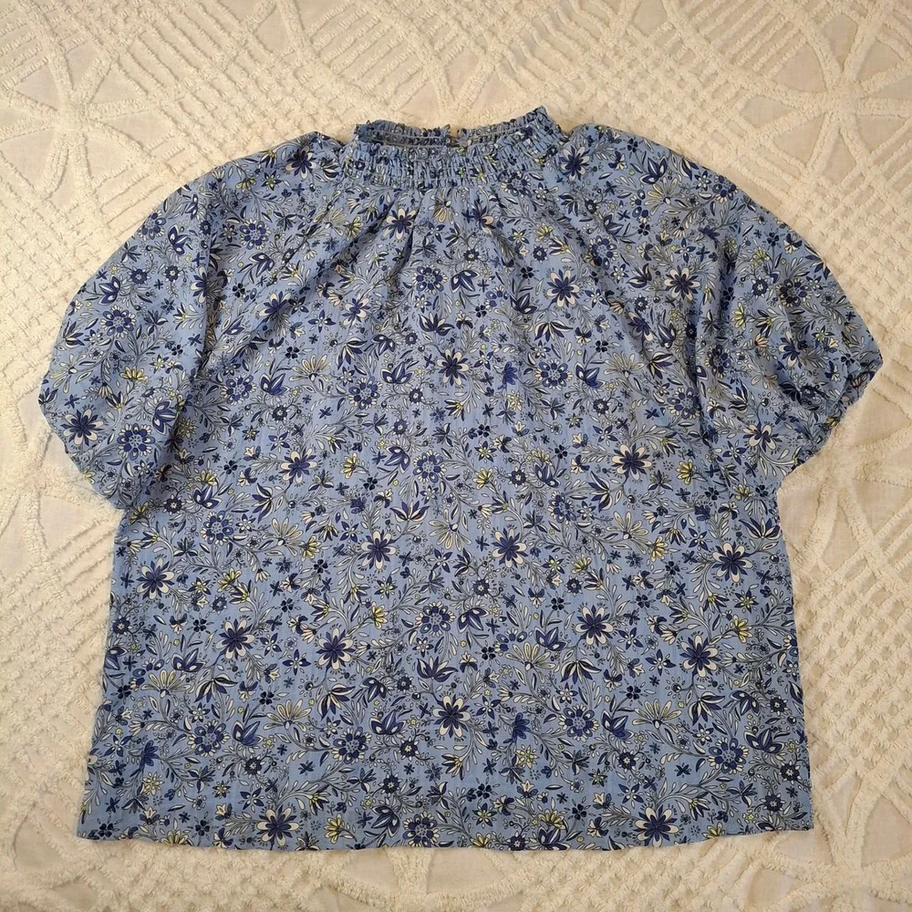 LOFT Blue Floral Smocked Neck Puff Sleeve Blouse Womens Large Lined Top